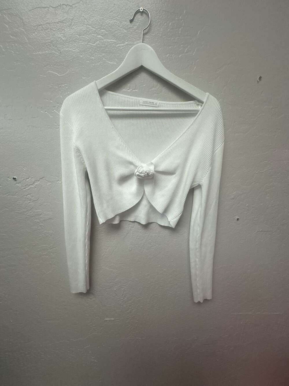 12th Tribe Rosette Front Ribbed Long Sleeve Crop Sweater